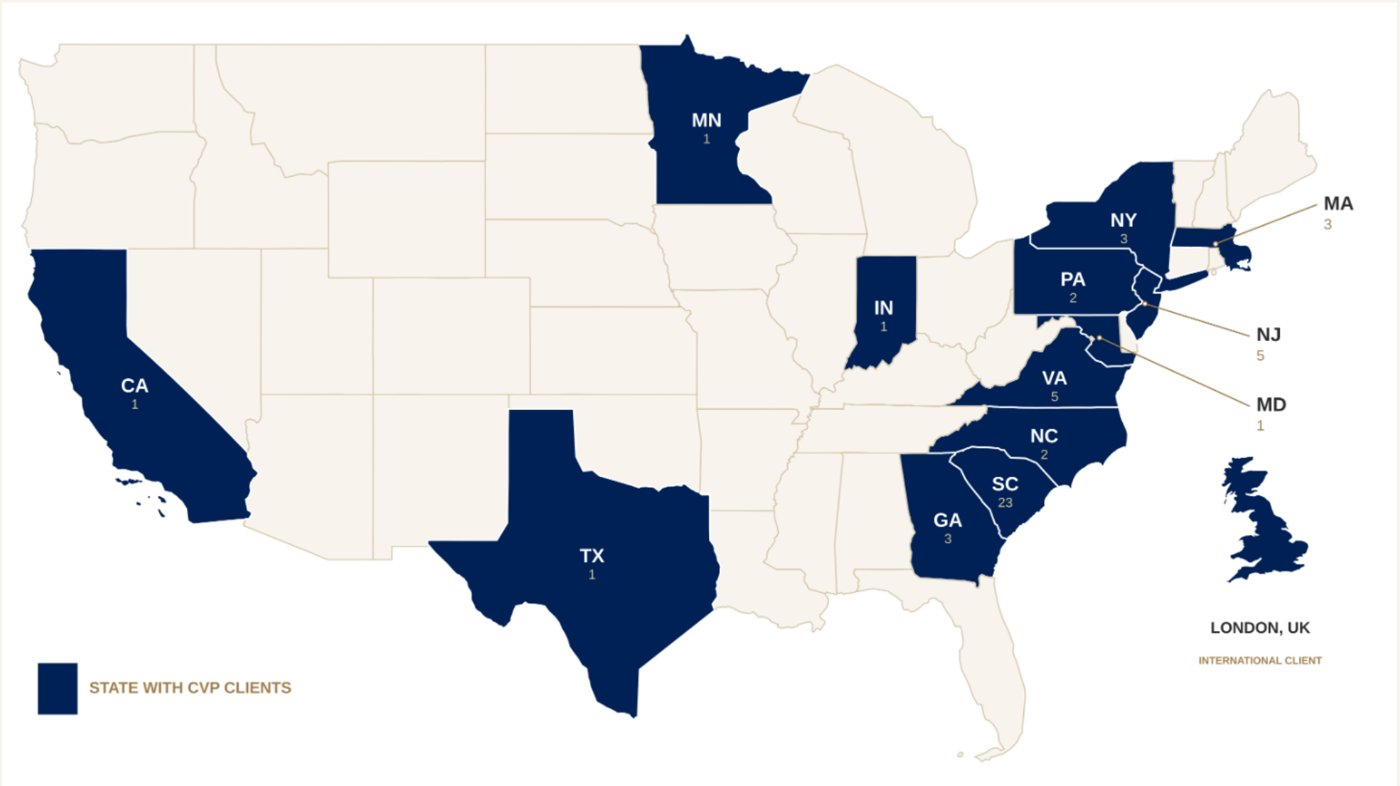 Map of the United States with 13 states highlighted where CVP owners live, plus London, UK